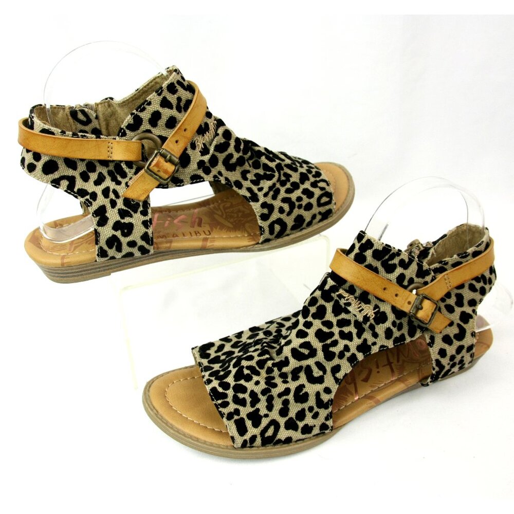 Blowfish Malibu Leopard Canvas Faux Leather Buckle Wedge Sandals 8.5